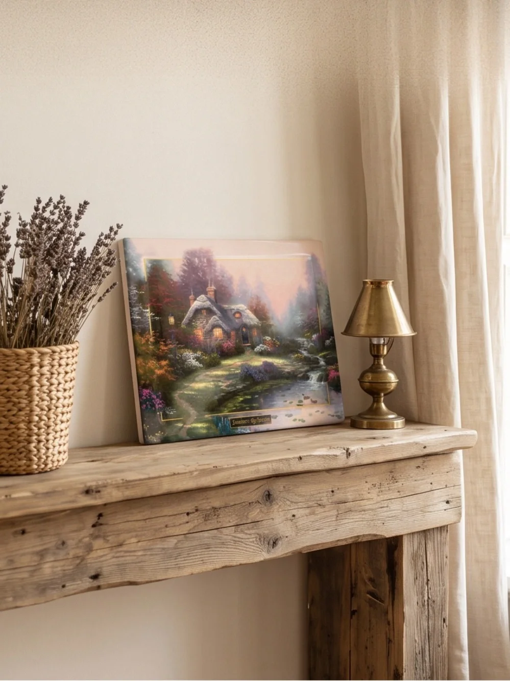 Thomas Kinkade Summer Reflection Cottage in Pink, Purple, Green, Blue